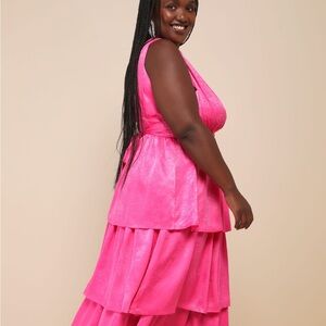Peak Party Vibe Hot Pink Satin Tiered Tie-Back Midi Dress